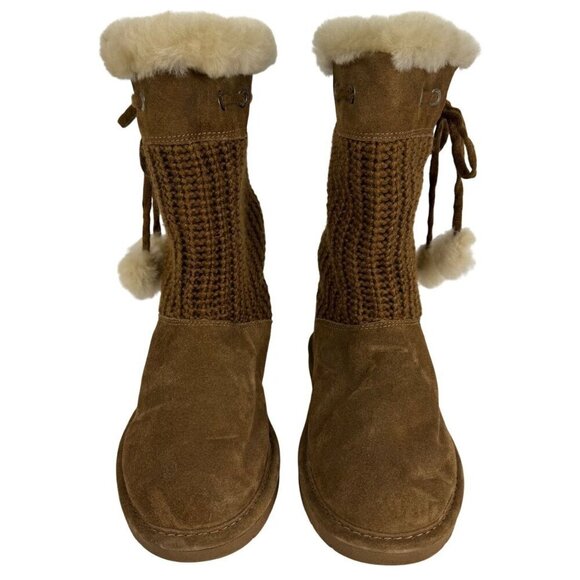 BearPaw Chestnut Brown Boots Sweater Calf Sheepskin Wool Lining Women's 7 EUC - Picture 2 of 12